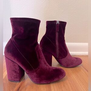 Steve Madden Haze Burgundy Block Heel Velvet Booties